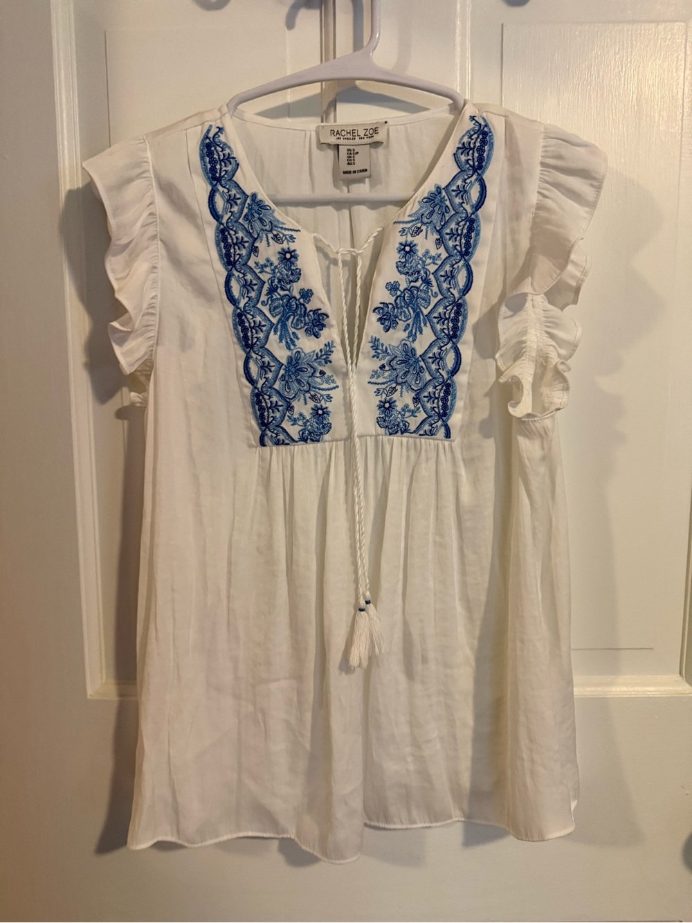 Rachel Zoe White Cotton Peasant Top with Blue Floral Embroidery